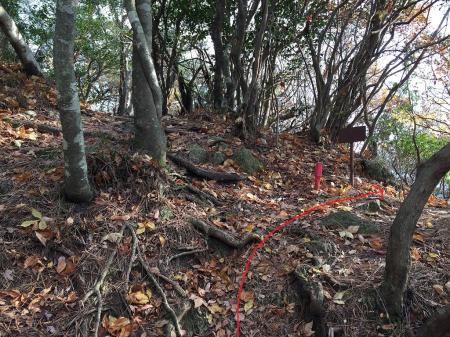 この無表示看板を右へ。下りの尾根の取次