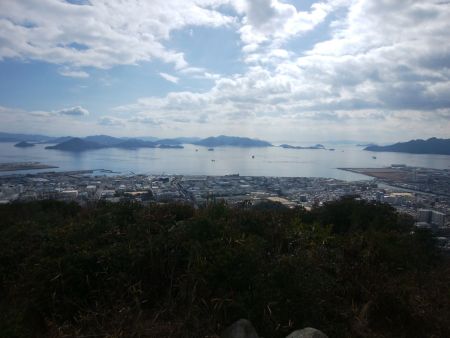 山頂の岩上で背伸びしてやっと見えた中央部分の海岸。樹林に遮られてなかったら島と海といい夜景が撮影できたと思う