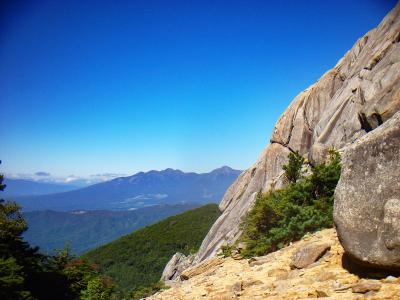 岩の横から八ヶ岳が見える。さっきも瑞牆山で見たけどね